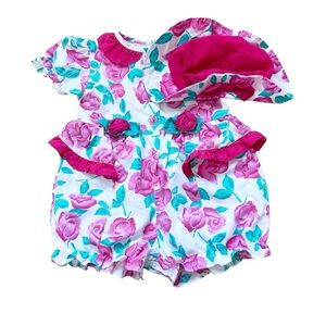 Vintage Pink & Green Floral Kids Romper & Hat Lightweight Cotton-Blend 24 Month